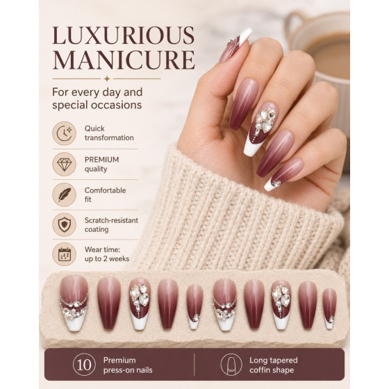 Wine‑Red Ombre French Pearl Rhinestone Long Tapered Coffin Press‑On Nails, Retro Luxury False Nails for Party